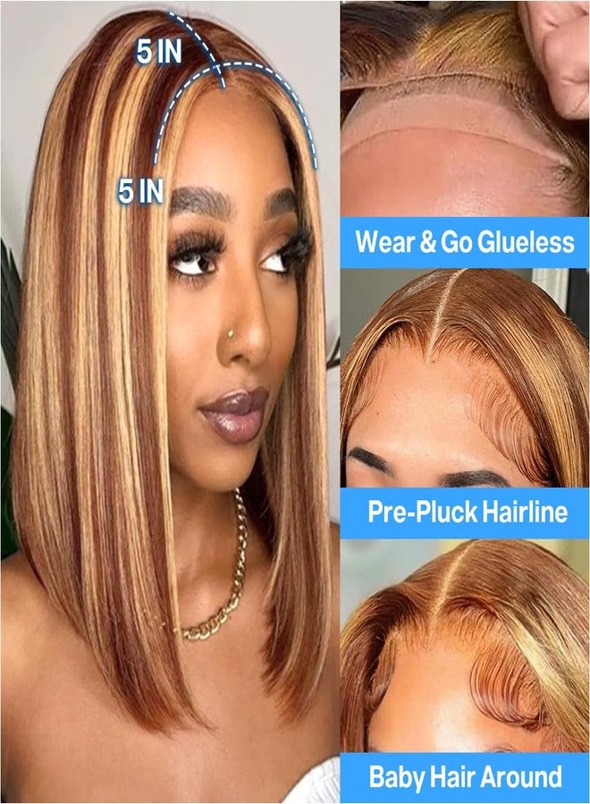 Ailwelia Wear and Go Glueless Bob Wig Human Hair 200% Density 5x5 HD Lace Closure Wigs For Black Women Glueless 5x5 Closure Wigs Human Hair Pre Plucked Bob Highlight Color 12 Inch - Image 2